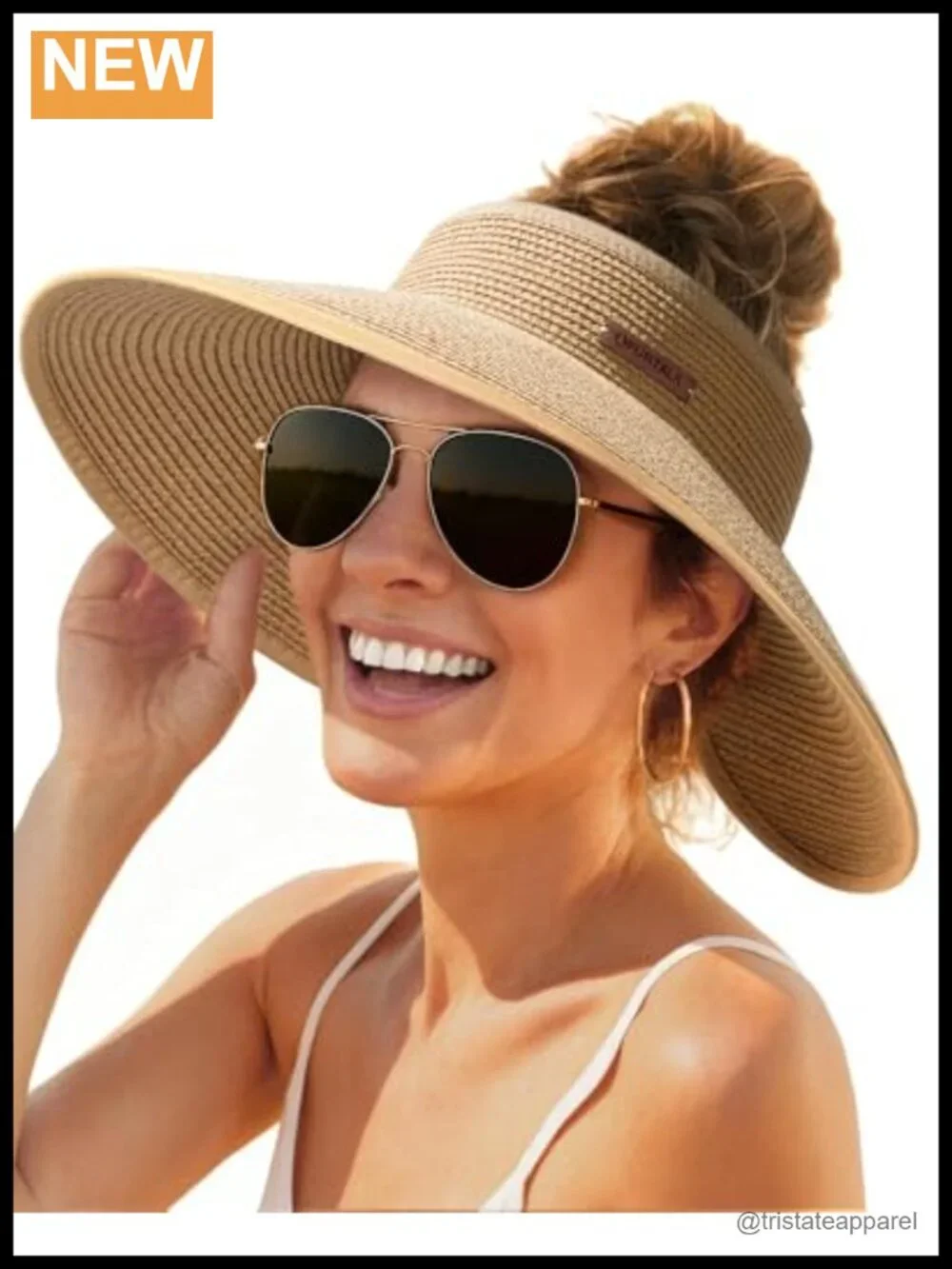 FURTALK Foldable Straw Sun Hat with Ponytail Hole, Wide Brim, Windproof Strap
